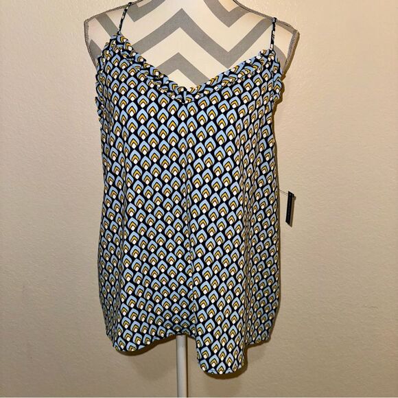NWT Halogen Blue Art Deco Metric Print Ruffle Triangle V Neck Tank Top Large - Picture 3 of 11